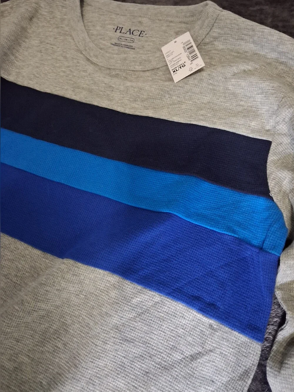 NWT The Childrens Place Boys Thermal Long Sleeve Shirt Gray/Blue Stripe XL 14